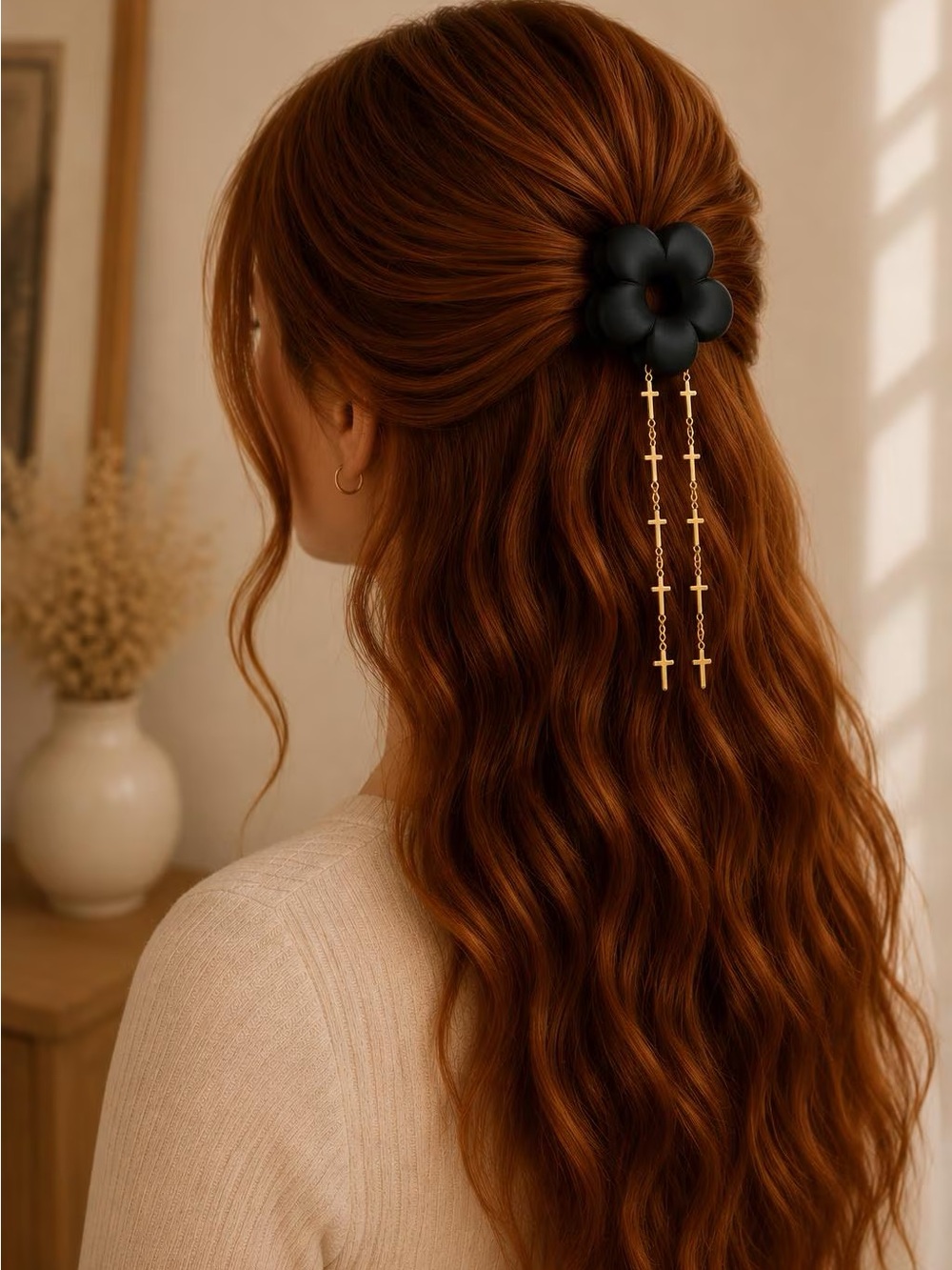 Black Flower Hair Clip with Gold Cross Chain Tassels